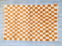 Checkered Luxurious Beni Ourain Rug - Handmade Moroccan Wool Carpet - Custom Cream & Orange Tribal Design - Modern Area Rug