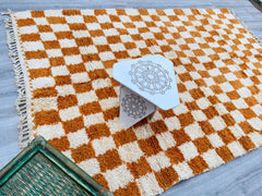 Checkered Luxurious Beni Ourain Rug - Handmade Moroccan Wool Carpet - Custom Cream & Orange Tribal Design - Modern Area Rug