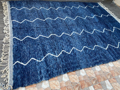 Authentic Beni Ourain Rug - Custom Moroccan Wool Carpet - Blue & White Berber Rug - Large Area Rug for Living Room
