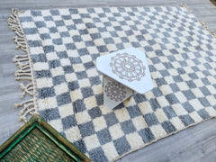 Checkered White & Green Beni Ourain Rug - Custom Moroccan Berber Carpet - Handmade Wool Area Rug - High-Quality Bohemian Decor