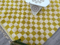 Checkered Yellow Custom Moroccan rug, Green Beni Ourain Rug, Berber carpet, Genuine Wool Rug, Handmade Beni ourain Area rug