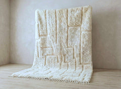 Ivory Moroccan Beni Ourain Rug Handmade Wool, Textured Berber Shag Carpet, Neutral Cream Modern Area Rug for Living Room