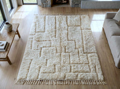Ivory Moroccan Beni Ourain Rug Handmade Wool, Textured Berber Shag Carpet, Neutral Cream Modern Area Rug for Living Room
