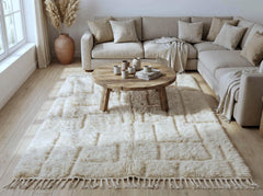 Ivory Moroccan Beni Ourain Rug Handmade Wool, Textured Berber Shag Carpet, Neutral Cream Modern Area Rug for Living Room