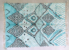 Diamonds Checkered Blue Luxury Beni Ourain Rug - Handmade Moroccan Wool Carpet - Cream & Blue Geometric Pattern - Custom Sizes Available