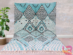 Diamonds Checkered Blue Luxury Beni Ourain Rug - Handmade Moroccan Wool Carpet - Cream & Blue Geometric Pattern - Custom Sizes Available