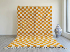 Mustard Checkerboard Moroccan Rug Beni Ourain Handmade Wool Berber Area Rug