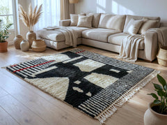 Abstract Moroccan Rug – Handmade Beni Ourain Wool Carpet, Black Ivory Striped Berber Rug, Modern Boho Area Decor