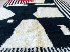 Abstract Moroccan Rug – Handmade Beni Ourain Wool Carpet, Black Ivory Striped Berber Rug, Modern Boho Area Decor