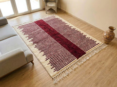 Handwoven Beni Ourain Wool Rug – Ivory Burgundy Stripe Boho Carpet