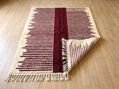 Handwoven Beni Ourain Wool Rug – Ivory Burgundy Stripe Boho Carpet