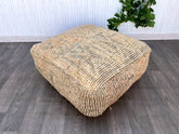 Moroccan Pouf with Cross-Stitch Design - Artisan Crafted, Bohemian Floor Cushion, Neutral Tones, Unstuffed Cover Only
