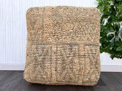 Moroccan Pouf with Cross-Stitch Design - Artisan Crafted, Bohemian Floor Cushion, Neutral Tones, Unstuffed Cover Only