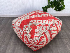 Handmade Pink Moroccan Pouf - Boucherouite Floor Cushion - Boho Berber Decor - Colorful Vintage Ethnic Ottoman - Unstuffed