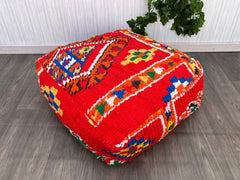 Moroccan Kilim Pouf, Floor Pouf, Vintage Moroccan Ottoman, BeniOurain Square Pouf, Meditation Cushion, Outdoor Red Kilim Pillow Cover