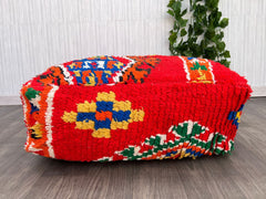 Moroccan Kilim Pouf, Floor Pouf, Vintage Moroccan Ottoman, BeniOurain Square Pouf, Meditation Cushion, Outdoor Red Kilim Pillow Cover