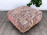 Multicolor Berber Wool Rug in White, Eclectic Moroccan Ottoman Rug with Antique Look,Moroccan Traditional Pouf