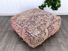 Multicolor Berber Wool Rug in White, Eclectic Moroccan Ottoman Rug with Antique Look,Moroccan Traditional Pouf