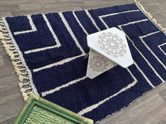 BENI OURAIN RUG, White Blue Moroccan Rug, Custom Size Decorative Berber Rug, Dotted Handmade Area Rug, High-Quality Wool Moroccan Carpet