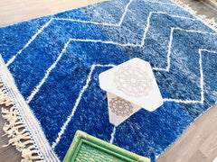 Authentic Beni Ourain Rug - Handmade Moroccan Wool Carpet - Custom Cream & Blue Tribal Design - Luxurious Area Rug