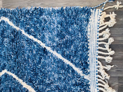 Authentic Beni Ourain Rug - Handmade Moroccan Wool Carpet - Custom Cream & Blue Tribal Design - Luxurious Area Rug