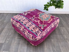 Moroccan Pouf Coffee Table - Leather Tray Top, Convertible Ottoman, Multi-Use Boho Decor for Living Rooms, Handmade Design