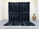 Black Moroccan Beni Ourain Rug – Handmade Wool Berber Carpet with Tribal Diamond Pattern