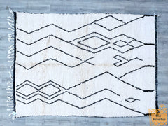Moroccan Boujaad Rug - White Black Wool Carpet - Handmade Berber Rug - Custom Size for Bohemian Homes