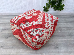 Handmade Moroccan Wool Pouf – Blue White Boho Ottoman – Berber Floor Cushion – Ethnic Square Pouf – Large Handwoven Bohemian Decor