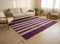 Purple Striped Beni Ourain Wool Rug – Handmade Moroccan Berber Carpet