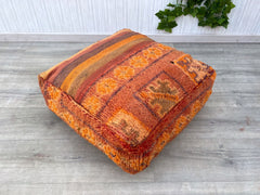 wool pouf, moroccan pouf, kilim pouf, orange pouf, 60x60x20 cm pouf
