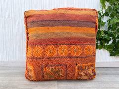 wool pouf, moroccan pouf, kilim pouf, orange pouf, 60x60x20 cm pouf