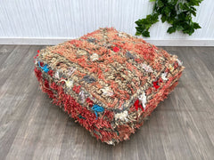 Custom Moroccan Vintage Beni Ourain pouf/ white and red handmade Berber pouf/ Bohemian floor Wool indoor/outdoor pouf