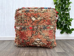 Custom Moroccan Vintage Beni Ourain pouf/ white and red handmade Berber pouf/ Bohemian floor Wool indoor/outdoor pouf