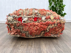 Custom Moroccan Vintage Beni Ourain pouf/ white and red handmade Berber pouf/ Bohemian floor Wool indoor/outdoor pouf