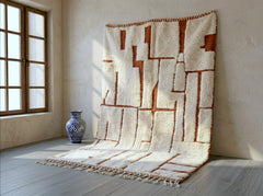 Beni Ourain Moroccan Rug, Ivory and Terracotta Berber Wool Rug, Geometric Pattern