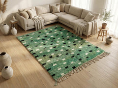 Handmade Green Moroccan Berber Rug – Plush Wool Area Carpet, Abstract Tribal Pattern, Modern Boho Home Decor - Living Room Rug