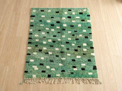 Handmade Green Moroccan Berber Rug – Plush Wool Area Carpet, Abstract Tribal Pattern, Modern Boho Home Decor - Living Room Rug