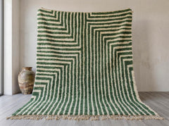 Moroccan Rug – Sage Green Beni Ourain Wool Carpet, Geometric Striped Berber Design