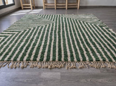 Moroccan Rug – Sage Green Beni Ourain Wool Carpet, Geometric Striped Berber Design