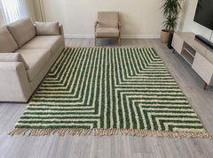 Moroccan Rug – Sage Green Beni Ourain Wool Carpet, Geometric Striped Berber Design