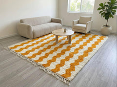 Handmade Moroccan Beni Ourain Rug – Orange Wavy Striped Wool Area Rug