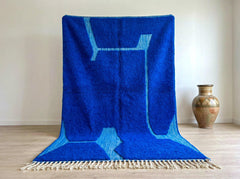 Blue Moroccan Rug – Handmade Beni Ourain Wool Carpet, Abstract Berber Design, Geometric Boho Living Room Decor