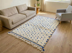 Handmade Beni Ourain Rug – Blue Dotted Moroccan Wool Carpet, Ivory Berber Minimalist Design