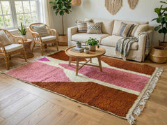Pink Moroccan Beni Ourain Rug Handmade Wool Berber Carpet Brown Ivory Abstract Boho Area Decor