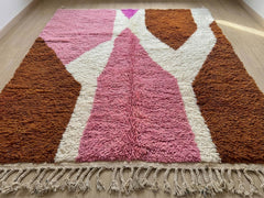 Pink Moroccan Beni Ourain Rug Handmade Wool Berber Carpet Brown Ivory Abstract Boho Area Decor