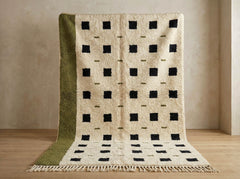 Olive Green Moroccan Beni Ourain Rug – Handmade Cream Wool with Sage Border, High Pile Berber