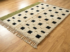 Olive Green Moroccan Beni Ourain Rug – Handmade Cream Wool with Sage Border, High Pile Berber