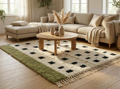 Olive Green Moroccan Beni Ourain Rug – Handmade Cream Wool with Sage Border, High Pile Berber