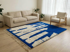 Blue Beni Ourain Rug – Handmade Moroccan Wool Carpet – Abstract Berber Area Rug – Modern Living Room Decor